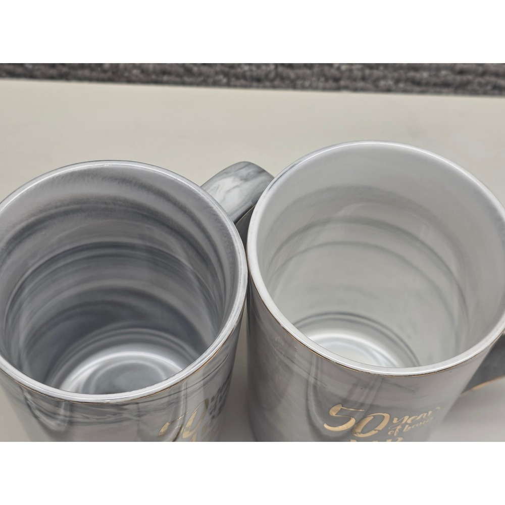 50th Anniversary Mr and Mrs Right Marble Ceramic Mug Set with Lids Grey Gold - Picture 6 of 7